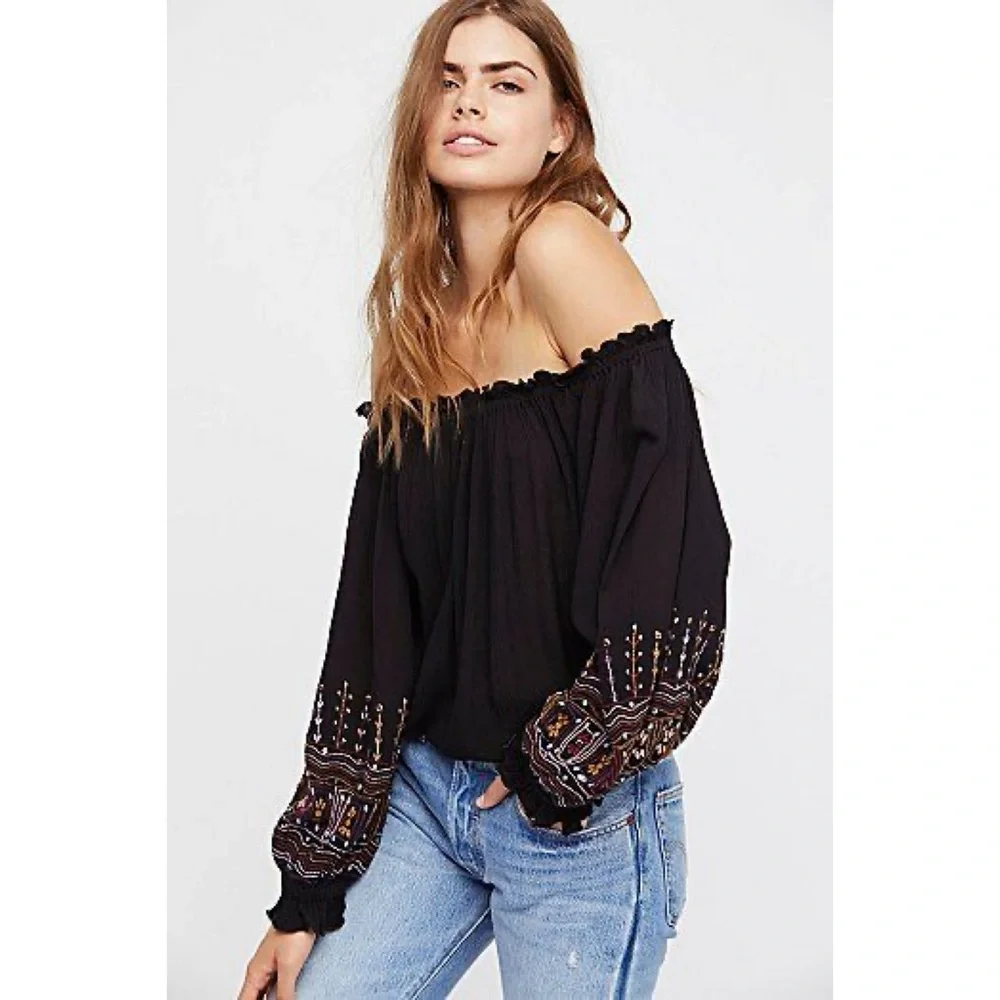 Free People S Red Gauze Embroidered Balloon Sleeve Ella Bodysuit Top Blouse Boho